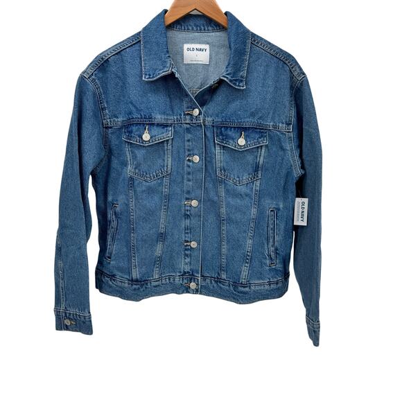 Old Navy Jean Jacket Womens Large Blue Denim Trucker Classic Crop Button Up NEW - Picture 1 of 6